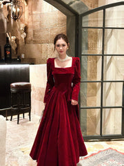 French Style A Line Square Neck Burgundy With Long Sleeves Summer Formal For Women Teens Prom Dresses N2218