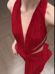 Simple Prom Dresses Mermaid V Neck Red Sequined With Pearls Long Formal Dress N3169