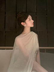 Simple Prom Dresses Mermaid One Shoulder Ivory With Scarf Long Formal Dress N3177