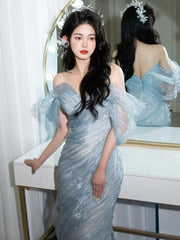 Charming Prom Dresses Mermaid Off The Shoulder Light Sky Blue Organza Long Formal Evening Dress N3917