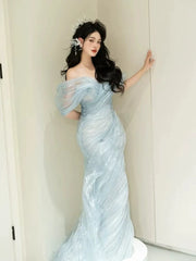 Charming Prom Dresses Mermaid Off The Shoulder Light Sky Blue Organza Long Formal Evening Dress N3917