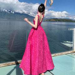 Beautiful Prom Dresses Ball Gown Square Neck Hot Pink Lace Long Formal Evening Dress N3965
