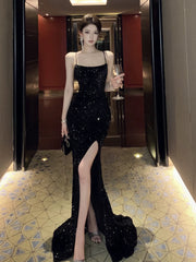Elegant Prom Dresses Mermaid Spaghetti Strap Black Tie Sequin Backless Long Formal Evening Dress N3968