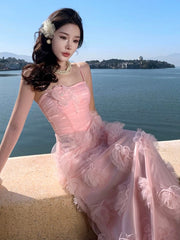 Pretty Prom Dresses A line Spaghetti Strap Pink Tulle Long Formal Evening Dress N3982