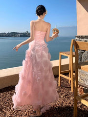 Pretty Prom Dresses A line Spaghetti Strap Pink Tulle Long Formal Evening Dress N3982