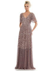 Long Beaded Formal Short Sleeve Dress by Marsoni MV1259