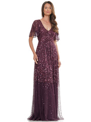 Long Beaded Formal Short Sleeve Dress by Marsoni MV1259