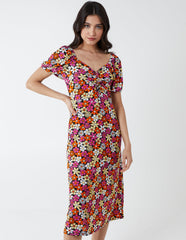 V Neck Ruched Midi Dress