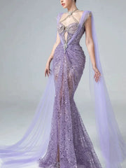Sparkly Mermaid Evening Dress Halter Lilac Sequins Prom Dress Long Party Dress 21st Birthday Outfits AB2317