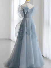 Modest Ball Gown Spaghetti Straps Dusty Blue Tulle Prom Dresses Inspiration Long Party Night Evening Dress 20th Birthday Outfits AB2332