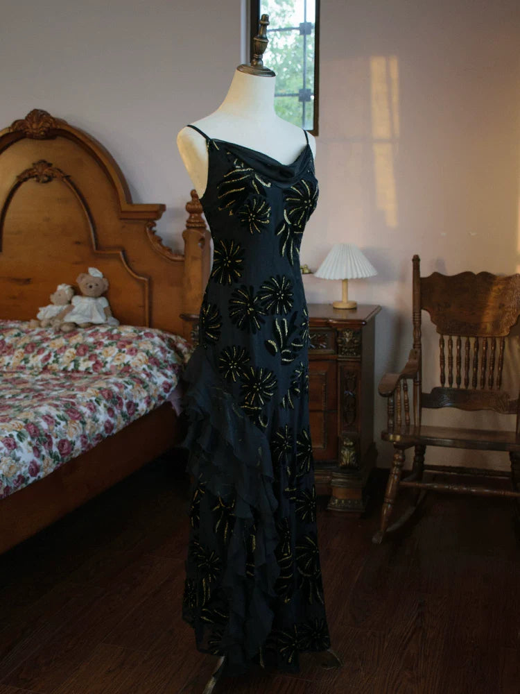 Vintage 1960s Mermaid Spaghetti Straps Black Chiffon Prom Dresses Inspiration Long Party Evening Dress 18th Birthday Outfits AB2387