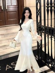 Sexy Mermaid Cowl Neck White Satin Ankle Length Prom Dresses Wedding Guest Dress 20th Birthday Outfits AB2483