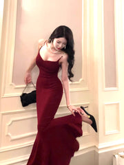 Modest Mermaid Spaghetti Straps Burgundy Long Prom Dresses Wedding Guest Dress 20th Birthday Outfits AB2493