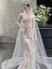 Classy Mermaid Strapless Floral Lace Long Formal Prom Dresses Dance Night Outfits Party Gowns AB2201
