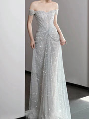 Modest Mermaid Off The Shoulder Silver Sequins With Pleated Prom Dresses Inspiration Long Party Night Evening Dress 19th Birthday Outfits AB2271