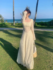 Elegant A line Square Neck White Lace Long Sleeves Prom Dresses 16th Nigh Party Birthday Outfits AB2467