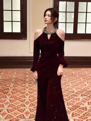 Sexy Mermaid Jewel Neck Burgundy Velvet Long Sleeves Ankle Length Prom Dresses Wedding Guest Dress 22th Birthday Outfits AB2499
