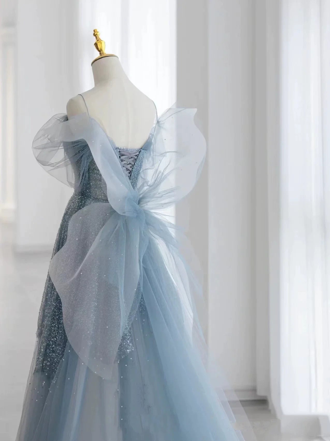 Modest Ball Gown Spaghetti Straps Dusty Blue Tulle Prom Dresses Inspiration Long Party Night Evening Dress 20th Birthday Outfits AB2332
