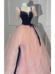 Princess Ball Gown Sweetheart With Short Sleeves Pink Tulle Bodice Prom Dresses Inspiration Long Party Gowns 20th Birthday Outfits AB2267