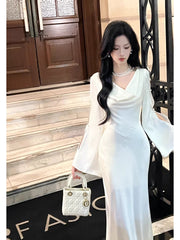 Sexy Mermaid Cowl Neck White Satin Ankle Length Prom Dresses Wedding Guest Dress 20th Birthday Outfits AB2483
