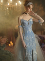 Sparkly Mermaid Sweetheart Sequins With Slit Blue Prom Dresses Inspiration Long Party Night Gowns 20th Birthday Outfits AB2302