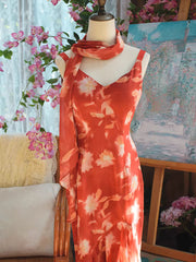 Vintage 1950s Mermaid V Neck Floral Chiffon With Scarf Prom Dresses Inspiration Long Party Evening Dress 18th Birthday Outfits AB2378