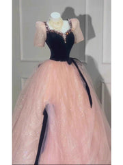 Princess Ball Gown Sweetheart With Short Sleeves Pink Tulle Bodice Prom Dresses Inspiration Long Party Gowns 20th Birthday Outfits AB2267