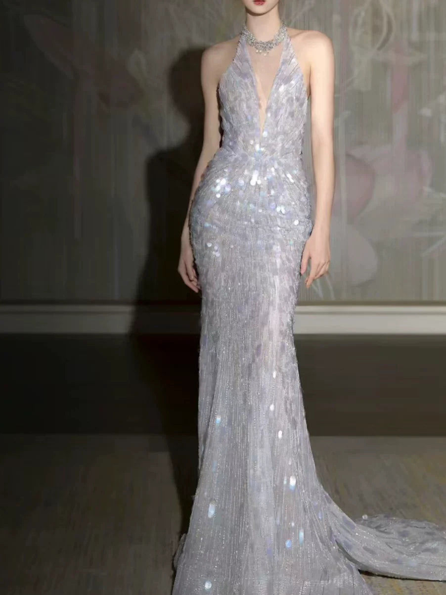 Modest Mermaid Halter Sleeveless Sequins Prom Dresses Inspiration Long Party Evening Dress 21st Birthday Outfits AB2285