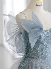 Modest Ball Gown Spaghetti Straps Dusty Blue Tulle Prom Dresses Inspiration Long Party Night Evening Dress 20th Birthday Outfits AB2332