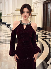 Sexy Mermaid Jewel Neck Burgundy Velvet Long Sleeves Ankle Length Prom Dresses Wedding Guest Dress 22th Birthday Outfits AB2499