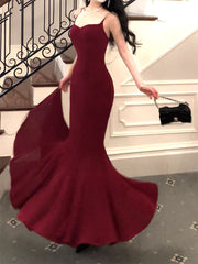 Modest Mermaid Spaghetti Straps Burgundy Long Prom Dresses Wedding Guest Dress 20th Birthday Outfits AB2493
