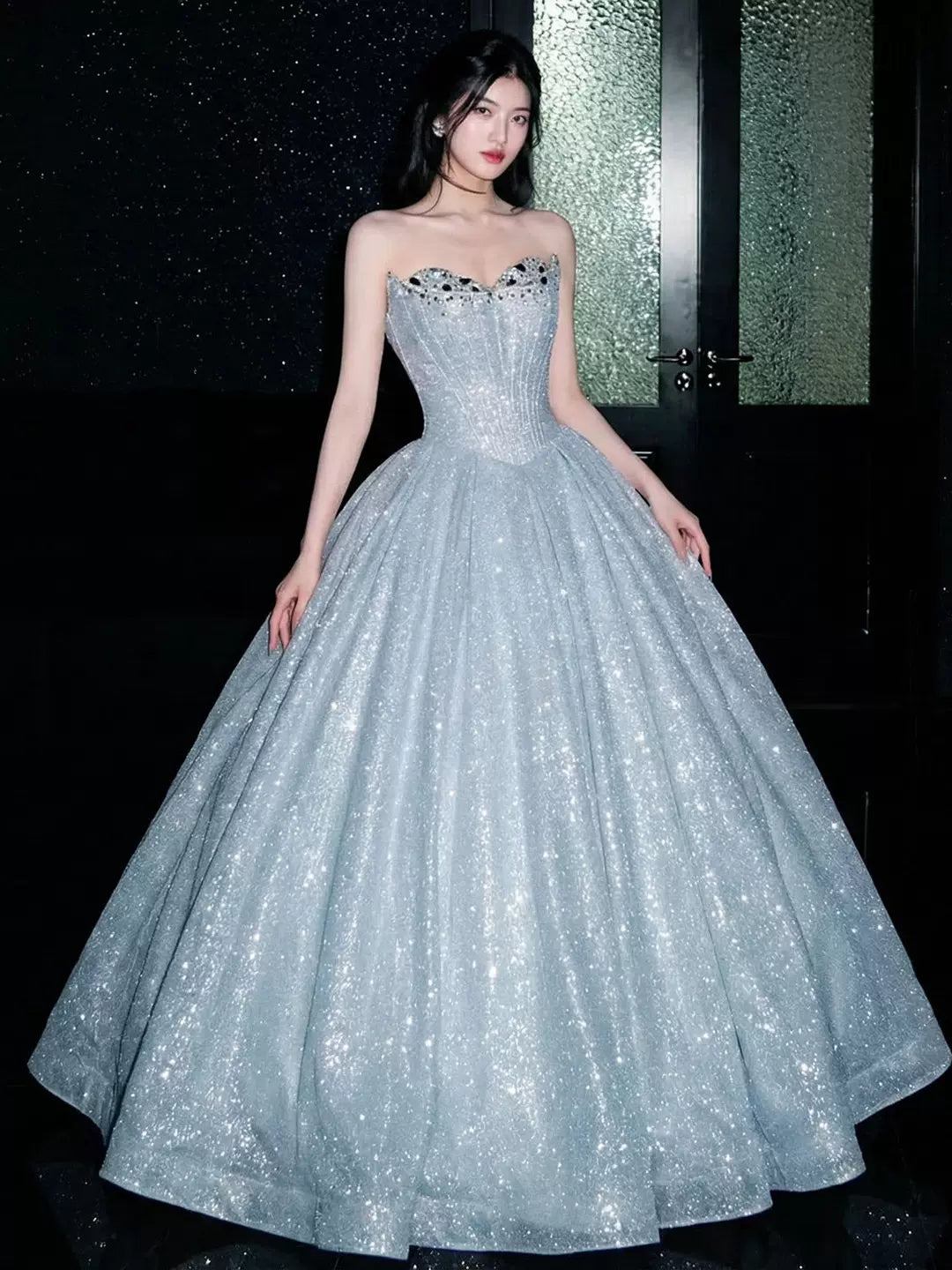 Sparkly Ball Gown 2026 Strapless Blue Sequins Prom Dresses Inspiration Long Party Night Evening Gowns 19th Birthday Outfits AB2265