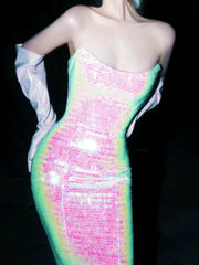 Sparkly Mermaid Evening Dress Strapless Sequins Prom Dress Long Party Dress 21st Birthday Outfits AB2315