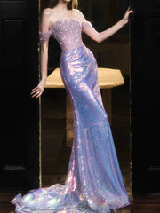 Elegant Mermaid Off The Shoulder Lilac Sequins Prom Dresses Inspiration Long Party Evening Dress 19th Birthday Outfits AB2305