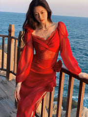 Modest Mermaid Sweetheart Red Satin Long Sleeves Prom Dresses Wedding Guest Dress 16th Birthday Outfits AB2447