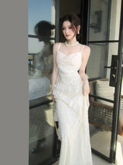 Modest Mermaid Spaghetti Straps Sequins Ivory Prom Dresses Wedding Guest Gown 16th Nigh Party Birthday Outfits AB2426