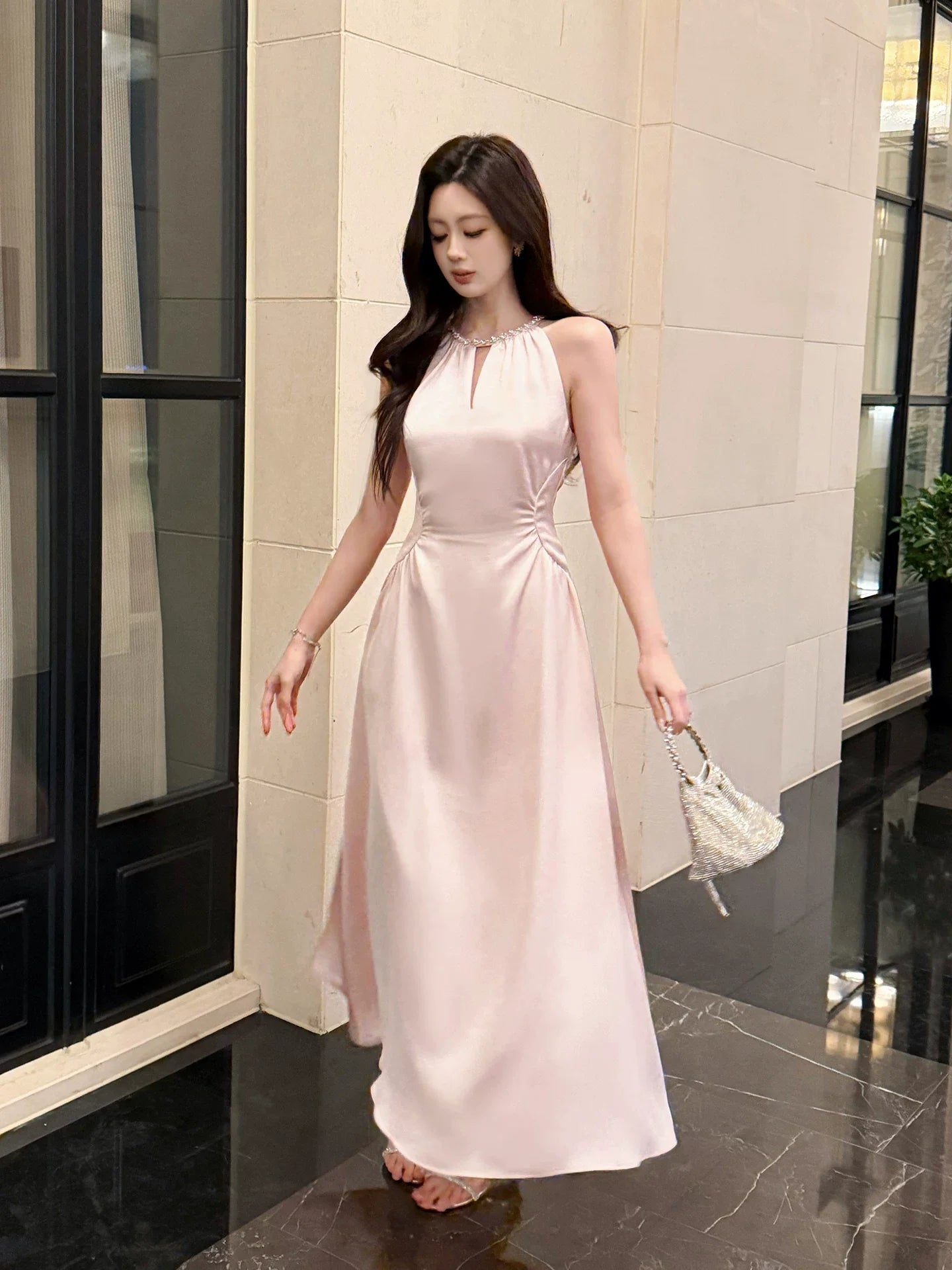 Sexy A line Scoop Neck Pink Satin Prom Dresses Wedding Guest Dress 20th Birthday Outfits AB2468
