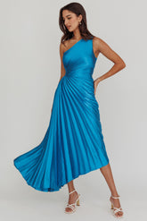 Brooklynn One-Shoulder Accordion Pleat Satin Midi Dress Teal