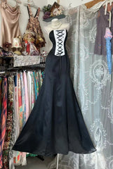 Vintage Mermaid Strapless Black Satin 80s Sleeveless Long Party Gowns Prom Dresses N1956