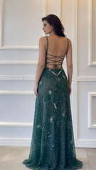 Modest A line Square Neck Dark Green Sequins Slit Long Prom Dresses Senior Graduation Dance Evening Outfits N036