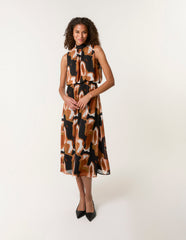 Sleeveless Puffball High Neck Printed Dress