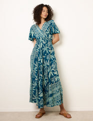 Wrap Over Angel Sleeve Shirred Maxi Dress
