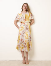 Pleated Scoop Neck Short Sleeve Floral Dress
