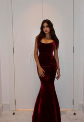 Classy Mermaid Spaghetti Straps Burgundy Velvet Inspo For Women Girls Formal Party Gowns Long Prom Dresses AB1810