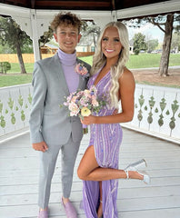 Classy A line Lilac Sequins V Neck Slit With Beadings Long For Women Girls Teens Prom Dresses N2177