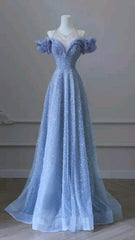 Dream A line Off The Shoulder Blue Tulle Ruched Tops Prom Dress Inspo Women Long Formal Dance Evening Party Gowns AB1802