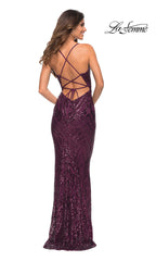 La Femme Strappy-Back Sequin-Print Long Prom Dress