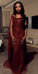Chic Mermaid Strapless Burgundy With Cape Sequins Beads Prom Dress Inspo Women Long Formal Dance Evening Party Gown AB1817