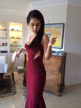 Mermaid Burgundy Spaghetti Straps Beaded Long Evening Prom Dresses Formal Dresses AB1853