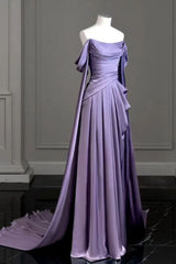 Purple Evening Dresses Off-The-Shoulder Pleated Long Prom Gowns With Trailing On Both Sides Ruffles N1873
